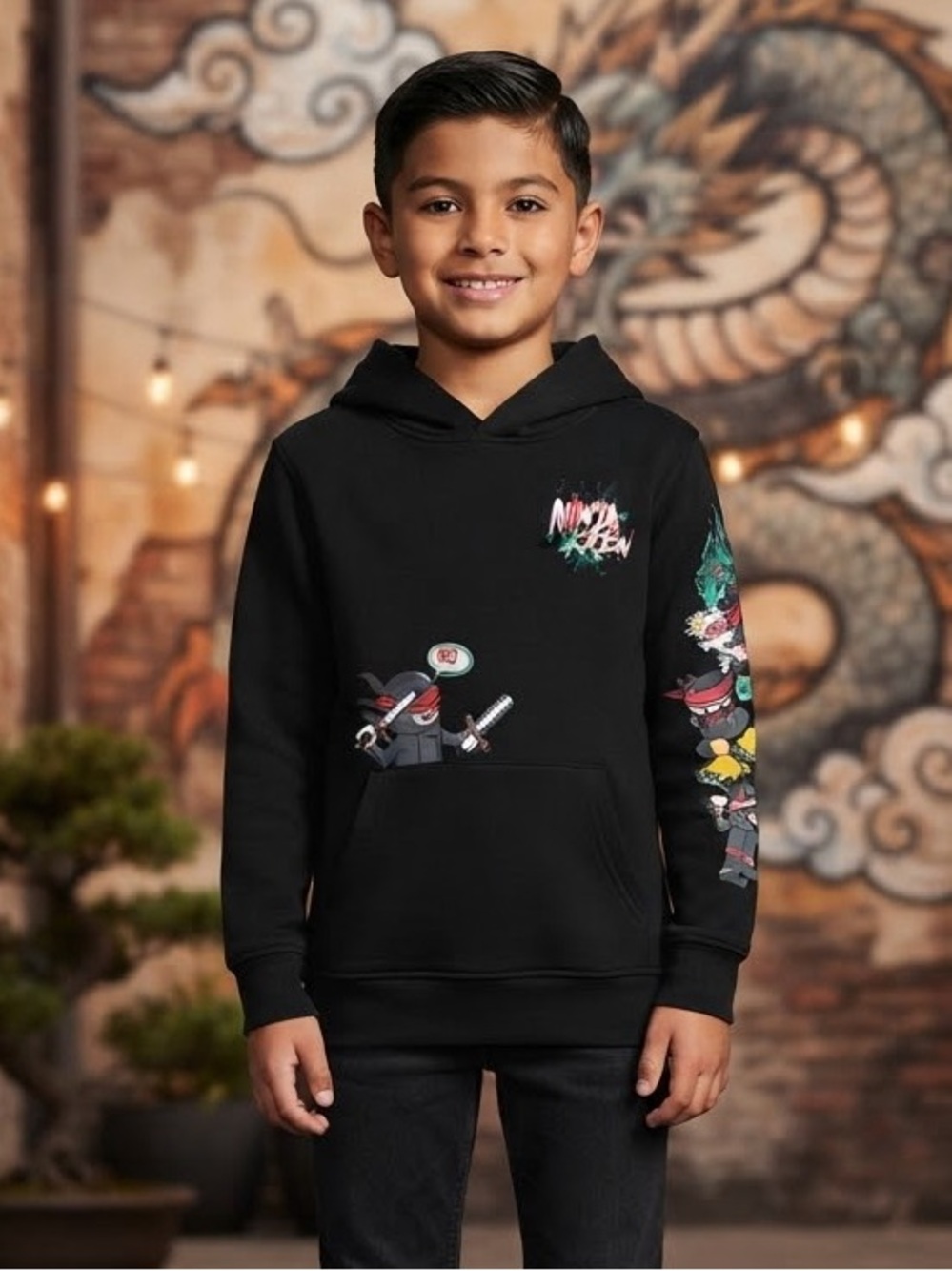 Take 50% OFF- 365 Kids Black Ninja Graphic Hoodie Sweatshirt Sweaters, Size-5